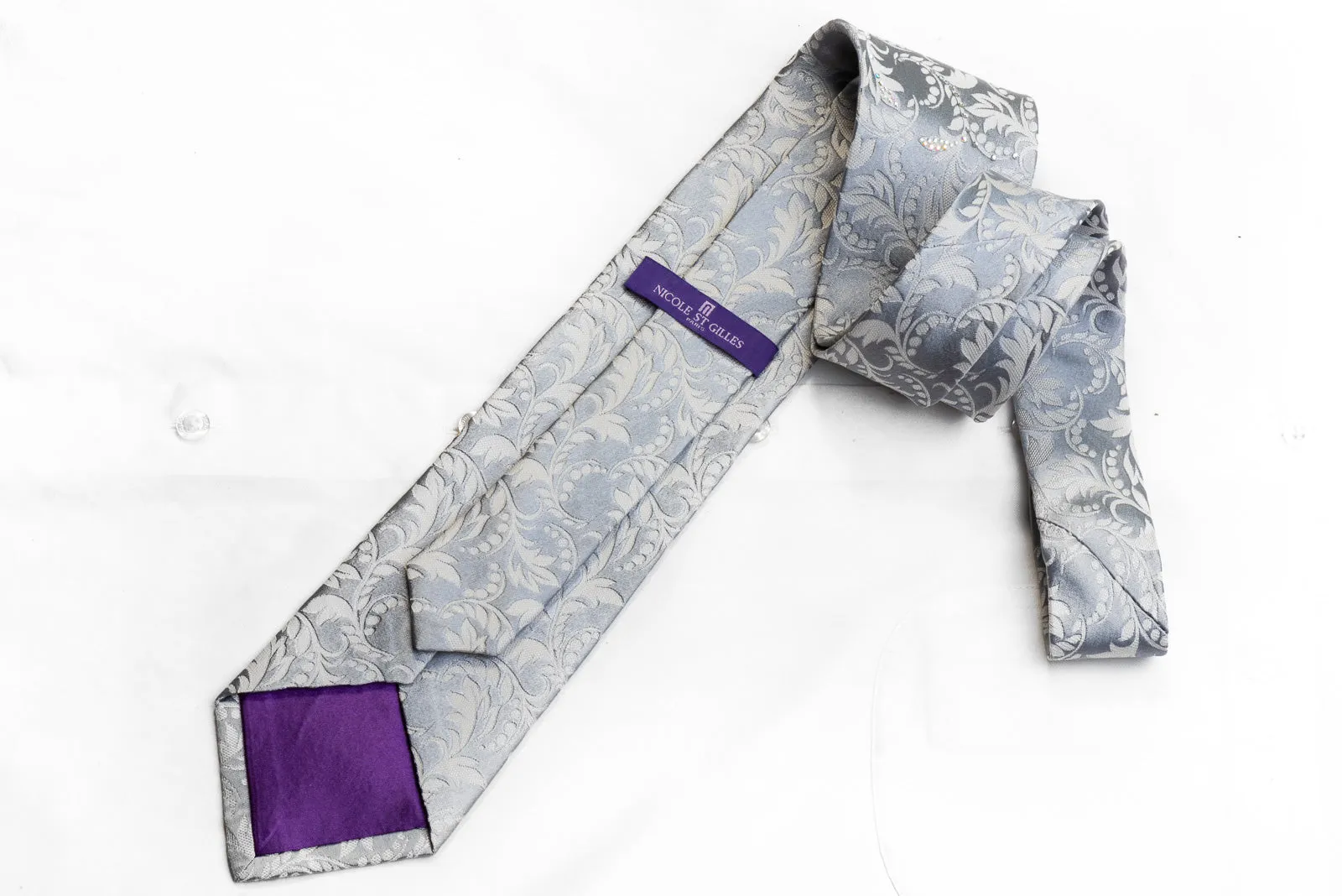 Nicole St Giles Men's Crystal Necktie Acanthus Scrolls On Silver Silk